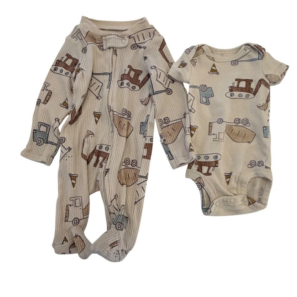 Carters Newborn Baby Boy Construction Sleeper and Bodysuit Set Tan Blue 2pc